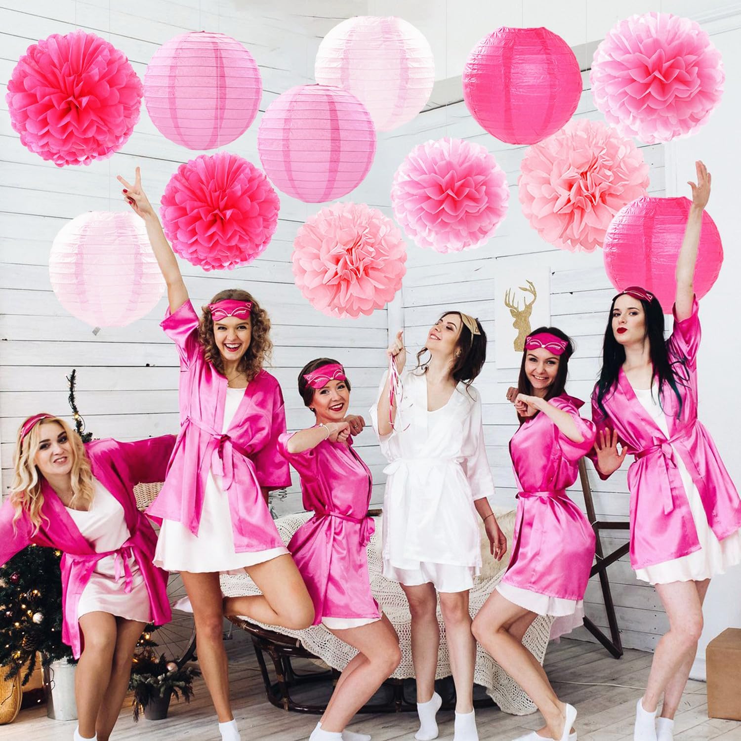 Light-Hot Pink Party-Decorations Paper-Flowers Lanterns - 15pcs Graduation Girl Birthday Decor Tissue Pom Poms Streamers, Bridal Baby Shower Wedding Bachelorette Valentine Hanging Supplies Hugfond