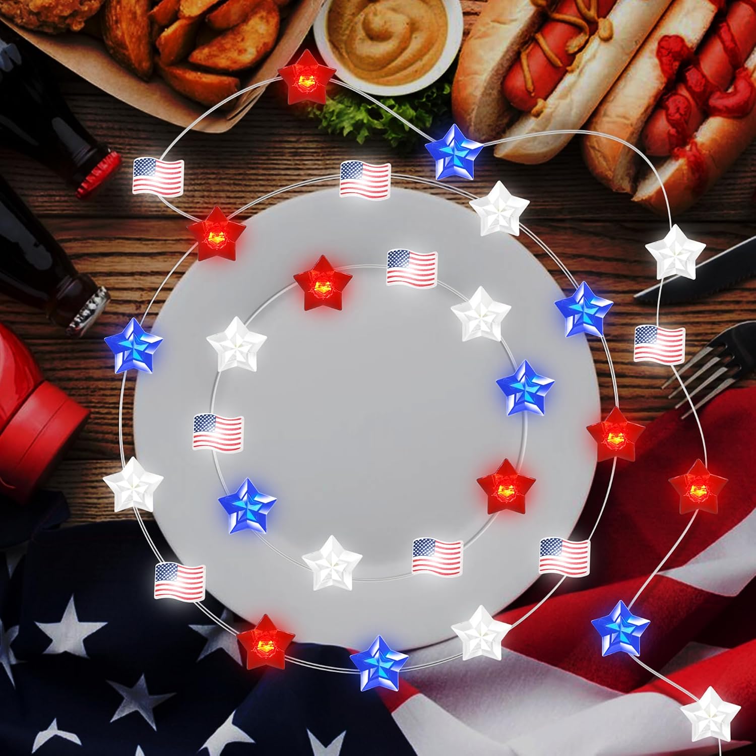 15FT 40 LEDs 4th of July Decorations String Lights Battery Operated, Red White and Blue Star American Flag Fourth of July Lights for Independence Day Memorial Day Patriotic Home Table Party Decor