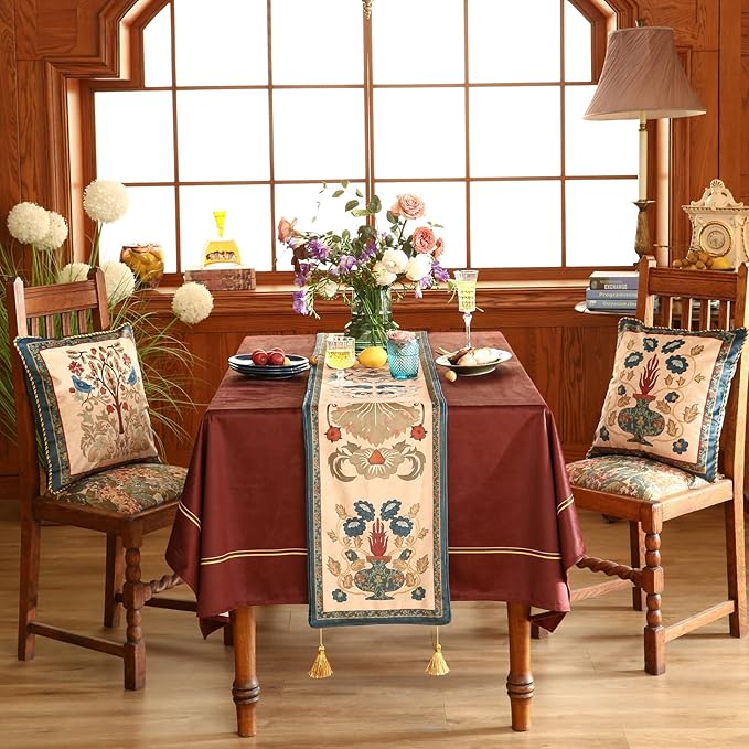 patdrea Designer Casual Wild Floral Velvet Table Runner 87 Inch Long, Brown Occult Bouquets Pattern Table Mat, Decoration for Kitchen Dining Coffee Table Cabinet Banquet Thanksgiving,12"*87"