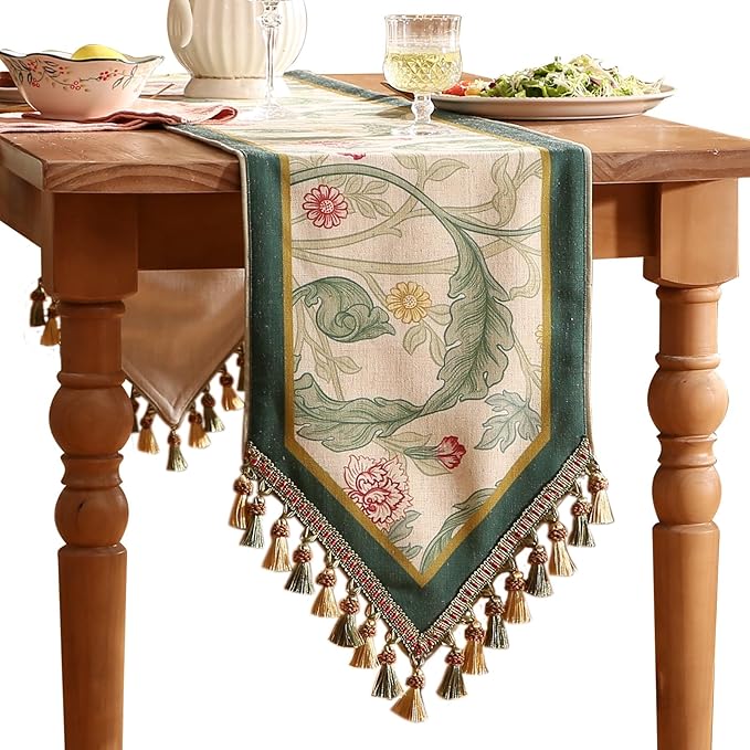 patdrea Designer Green Floral Table Runner,French Elegant Vibrant Rustic Linen with Green Leaves Patterns Fabric Table Mat,Decoration for Kitchen Dining Room Banquet Christmas,18"*87"