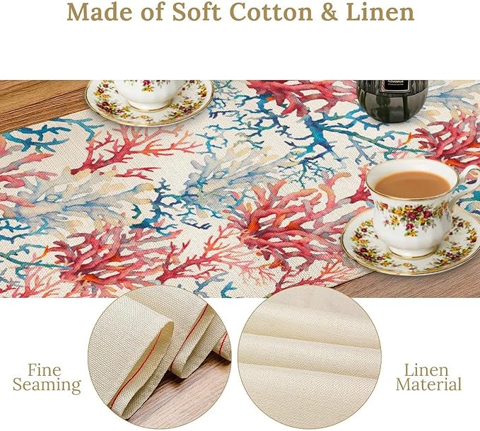Blue Beach Table Runner, Tropical Ocean Coast Table Runner, Seashell Seasonal Nautical Restaurant Coffee Table Decorations for Home Holiday Party Indoor Outdoor 13x60 Inch