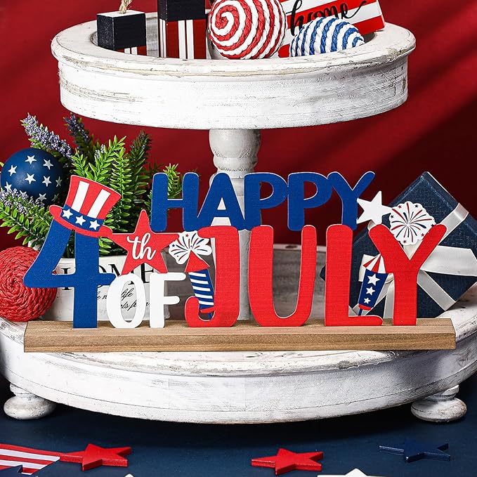 Happy 4th of July/Patriotic Metal Sign Rustic Table Decor Holiday Tiered Tray Decor with Wooden Base Freestanding Metal Word Sign for Home Tabletop Centerpiece Mantel Shelf Fireplace