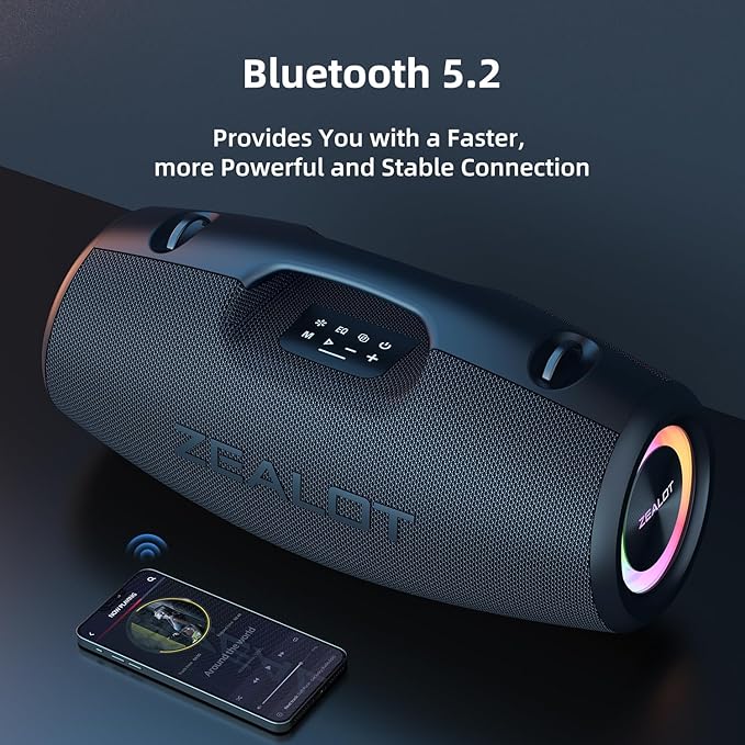 ZEALOT Bluetooth Speaker,120W Wireless Outdoor Speaker with Subwoofer,IP67 Waterproof with LED Light,Bluetooth 5.2 for Camping,Beach,Gifts(Black)