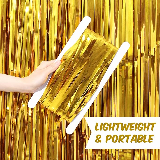 6 Pack Gold Foil Fringe Curtains Backdrop, 3.28 x 8.2 Ft Metallic Streamers Tinsel Curtains Background for Photo Booth, Birthday, Weddings, Carnivals, Graduation, Themed Party Decorations