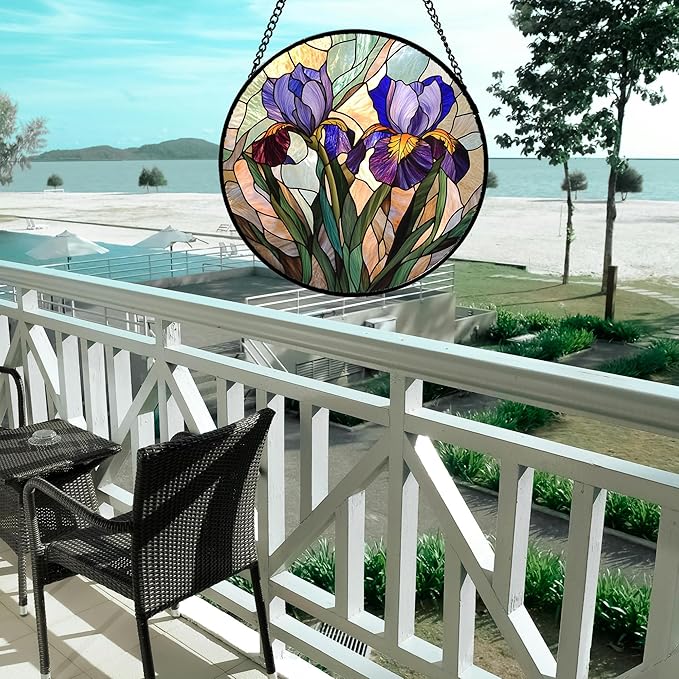 Stained Glass Window Hanging, Purple Blue Iris Birth Flower Suncatcher for Doors Garden Yard Sun Catchers Decor Christmas Mother's Day Birthday Gifts for Teacher Women Mom Nana Wife 9.8 in