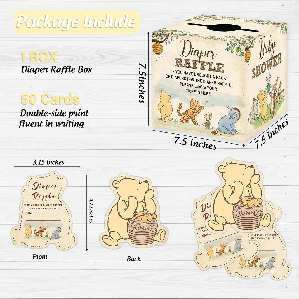 Winnie Baby Shower Decorations, Pooh Party Decorations, The Pooh Baby Shower Games, Winnie Diaper Raffle Box with 50Pcs Cards，Newborn Party Favors Boys and Girls First Birthday Supplies