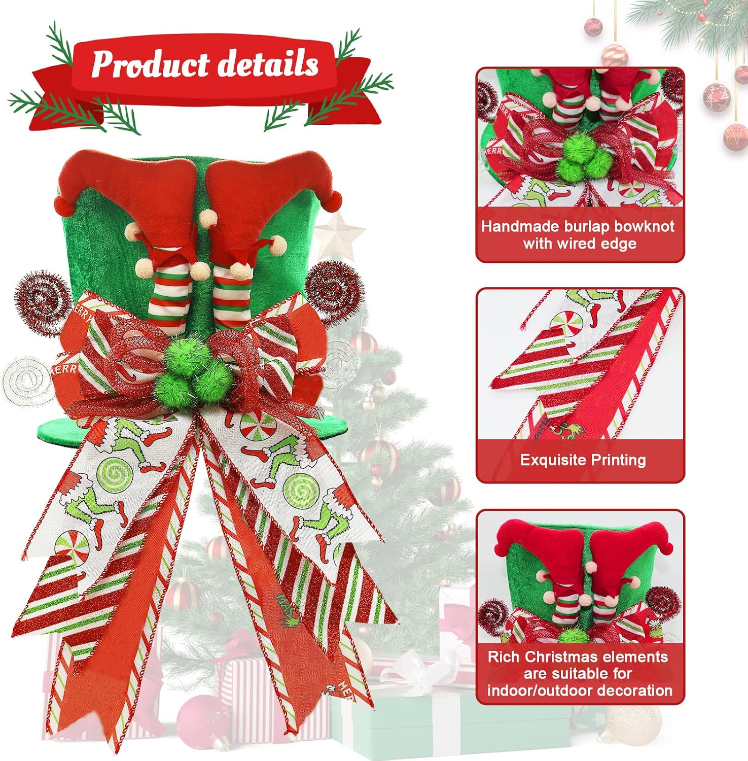 Christmas Tree Topper Hat with Bow, Velvet Top Hat Ornament with Elf Legs and Red & Green Wired Bows, Winter Holidays Xmas Decor for Home Decoration (Green)