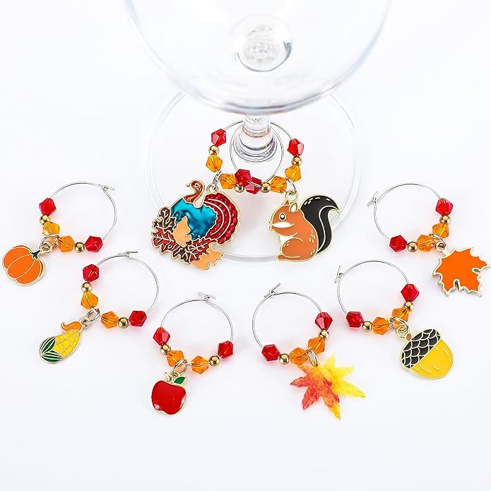 Sasylvia 8 Pieces Thanksgiving Fall Wine Glass Charms Fall Glass Markers Harvest Wine Charms Rings Tags for Stem Glasses Hostess Gifts Party Favors Drink Markers Autumn