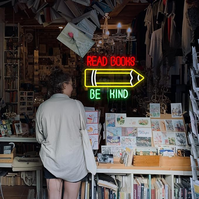 Read Books Be Kind Neon Sign Pencil Led Neon Light for Wall Decor USB Powered Be Kind Neon Light Sign Dimmable Read Books Light Up Sign for Classroom Study Room Library Bedroom Bookstore (16.5*12.8In)
