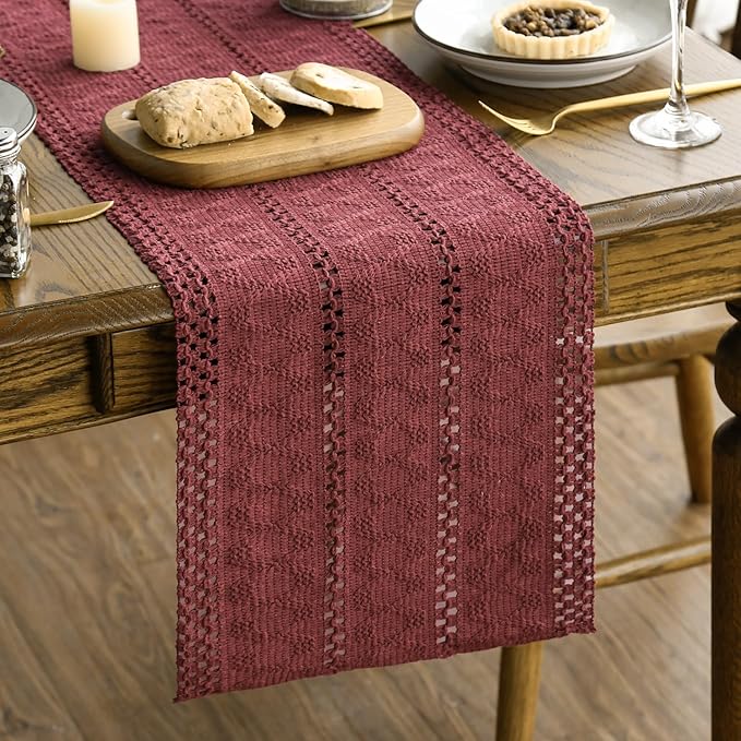 Artoid Mode Red Farmhouse Woven Rustic Hollow Table Runner, Seasonal Holiday Kitchen Dining Table Decoration for Home Party Decor 12x36 Inch
