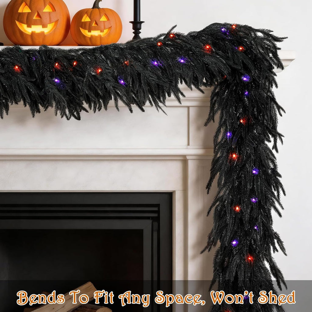 9ft soft touch black norfolk pine halloween garland, side view