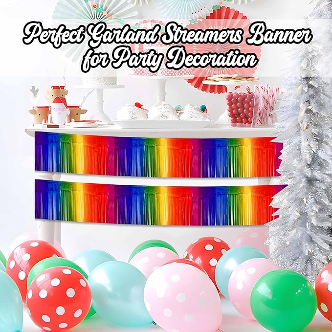 4 Pack 10 Ft Dark Rainbow Foil Fringe Garland Metallic Streamers Tinsel Banner Wall Hanging Garland Backdrop for Parade Floats, Halloween, Christmas, Thanksgiving, New Year Party Decorations