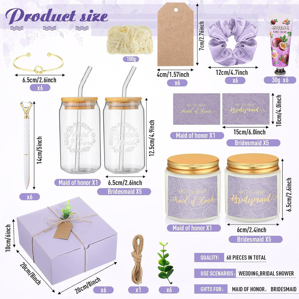 Teenyyou 60 Pcs Bridesmaid Proposal Gifts Bridesmaid Box Set, Maid of Honor Gifts Include Box Glass Cup Candle Cards Hair Ties Knotted Bracelets Hand Cream Diamond Pens (Purple)