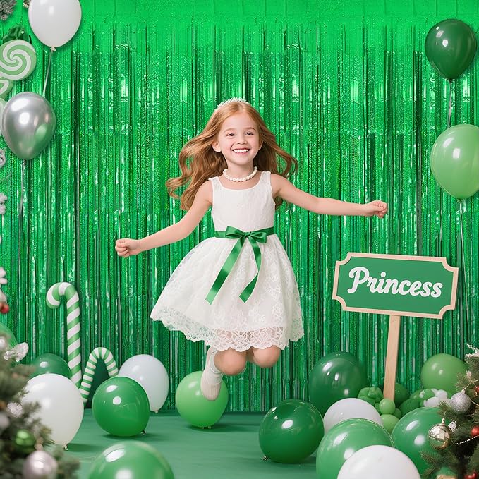 5 Pack Green Streamers Backdrop Metallic Foil Fringe Tinsel Curtains for Birthday Dinosaur Animal St Patrick's Day Football Christmas Jungle Theme Party Decorations