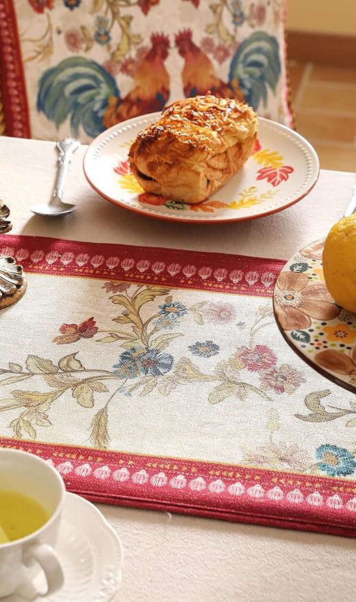 patdrea Designer Farmhouse Linen Extra Long Table Runner,Rustic Cottage Mauve with Rooster and Floral Pattern Fabric Table Mat,Decoration for Kitchen Dining Christmas New Year Banquet, 12"*118"