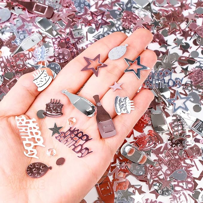 VHUWE Happy Birthday Confetti, 1.6 oz Rose Gold Silver Cake Balloon Star Goblet Bottle Glitter Confetti for Happy Birthday Party Decorations Boys Girls Kids Women Men Birthday Table Decorations