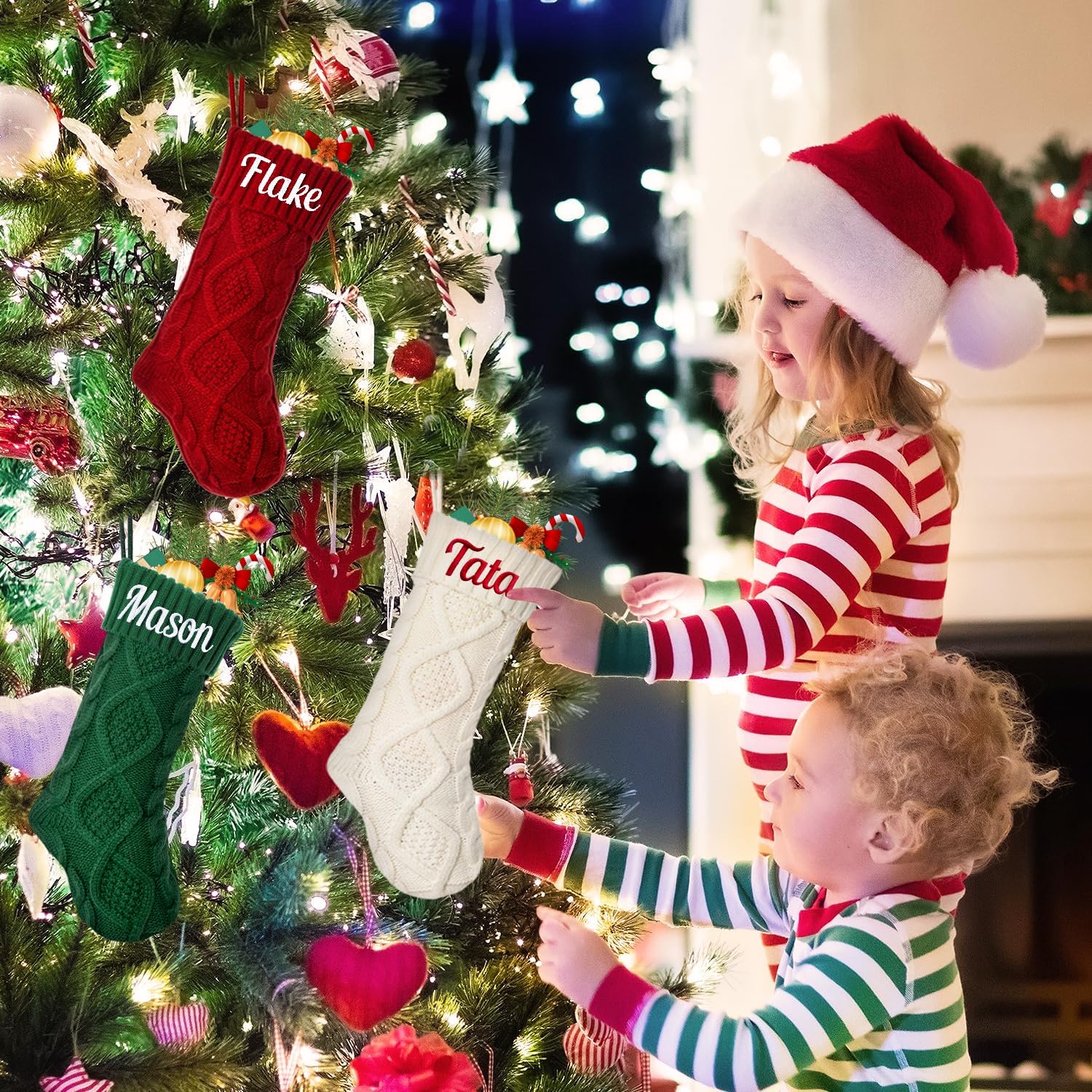 Personalized Christmas Stocking，Custom Name Family Christmas Stocking, 18” Large Knitted Xmas Stocking for Kids,Holiday and Family Stocking for Fireplace Christmas Holiday Party Decoration (1 pcs)