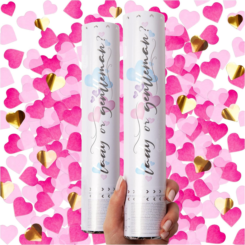 PrimePure Gender Reveal Confetti Cannon, Heart Shaped, Pink Paper, 2 Pack