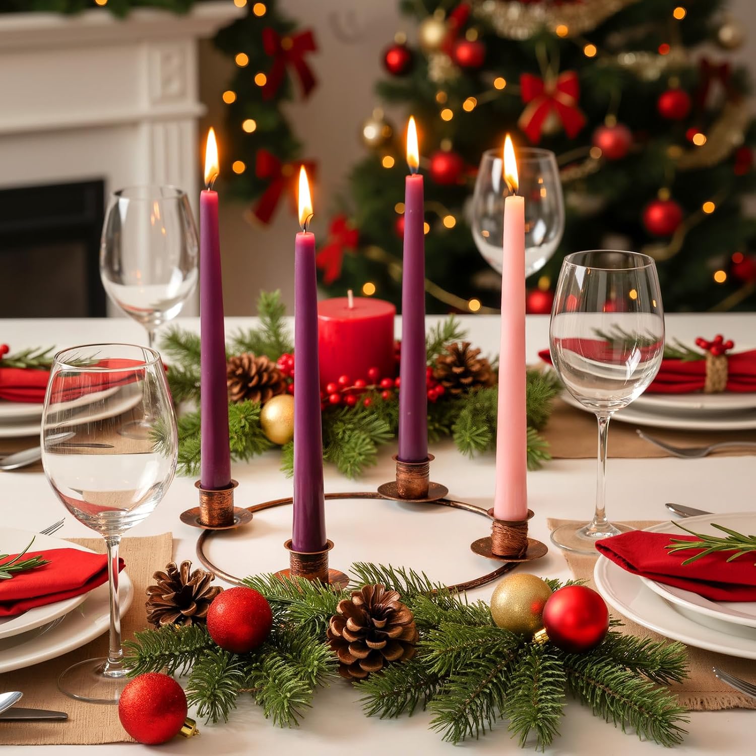 Chengu 1 Pcs Christmas Advent Candle Holder Xmas Metal Advent Wreath Candle Holder Metal Taper 4 Candles Stand for Table Wreath Candelabra Holiday Decor (Bronze)