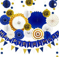 Navy Blue and Gold Happy Birthday Party Decoration 24Pcs Hanging Paper Fans, Pom Poms Flowers Garland String Polka Dot Triangle Bunting Flag Pack Happy Birthday Banner for Boy Birthday Baby Shower
