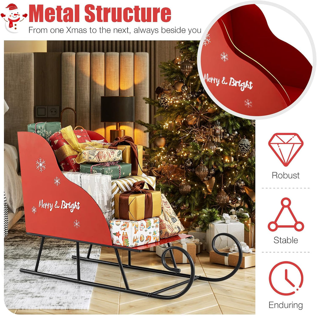 Metal Christmas Santa Sleigh Basket, Red Christmas Sleigh Decoration for Gift Storage, Santa’s Gift Sleigh for Holiday Displays, Festive Decorative Sleigh Cart for Indoor Outdoor Home Party