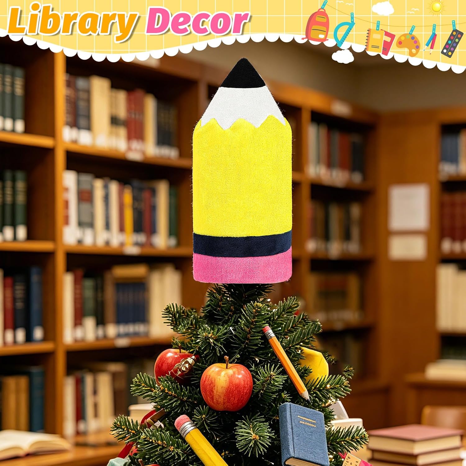 Pencil Back to School Tree Topper, 9inch Tall Velvet Pencil Tree Topper Decor for Party Home Office Classroom Student Teacher Indoor/Outdoor Tree Top Decoration Gifts