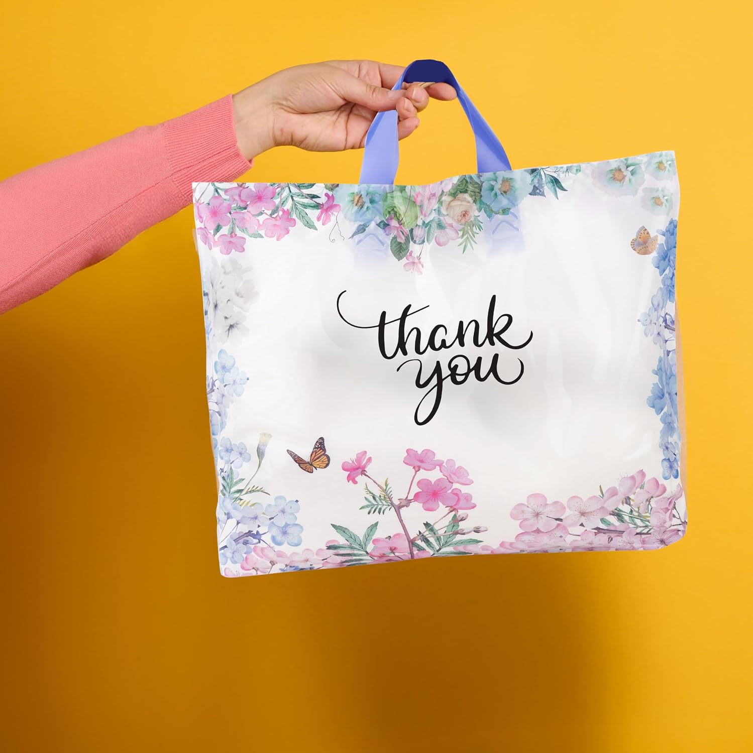Purple Q Crafts Thank You Bags With Soft Loop Handle for Business Retail, Boutique Bulk 50 Pack 15" W x 12" H Floral Plastic Shopping Bags/Gift Bags Perfect For Mothers Day