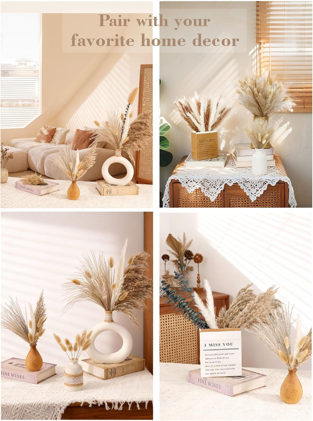xin's convey 120 PCS Dried Pampas Grass, Dried Flowers, Reed Grass Bouquet for Bohemian Flowers Home Table Wedding Decoration, Rustic Farmhour.(Light Brown)