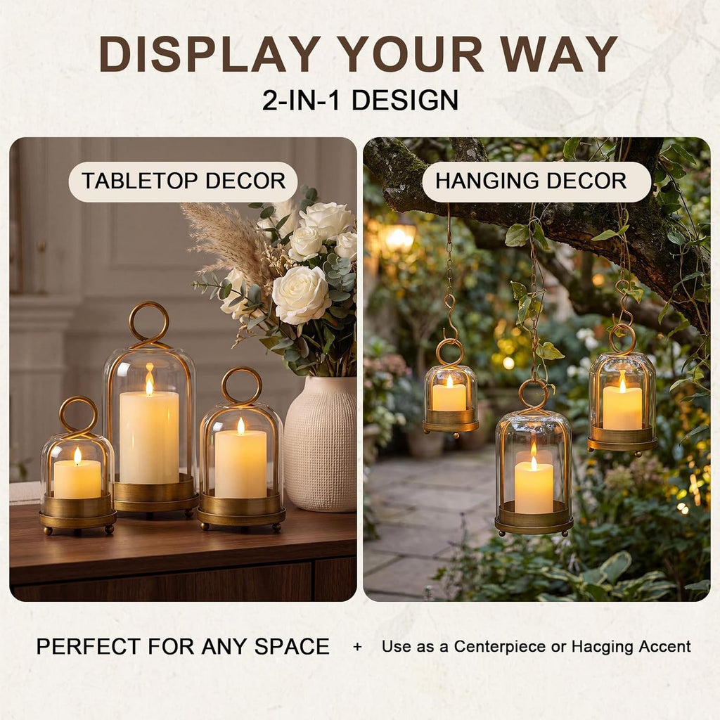 Woanger 3 Set Glass Pillar Candle Holder Set with Hanging Hooks, 5"/7"/9" Metal Candle Lantern with Glass Dome, Designed for Flameless LED Candles, Table Centerpiece Home Wedding Decor (Vintage Brass)