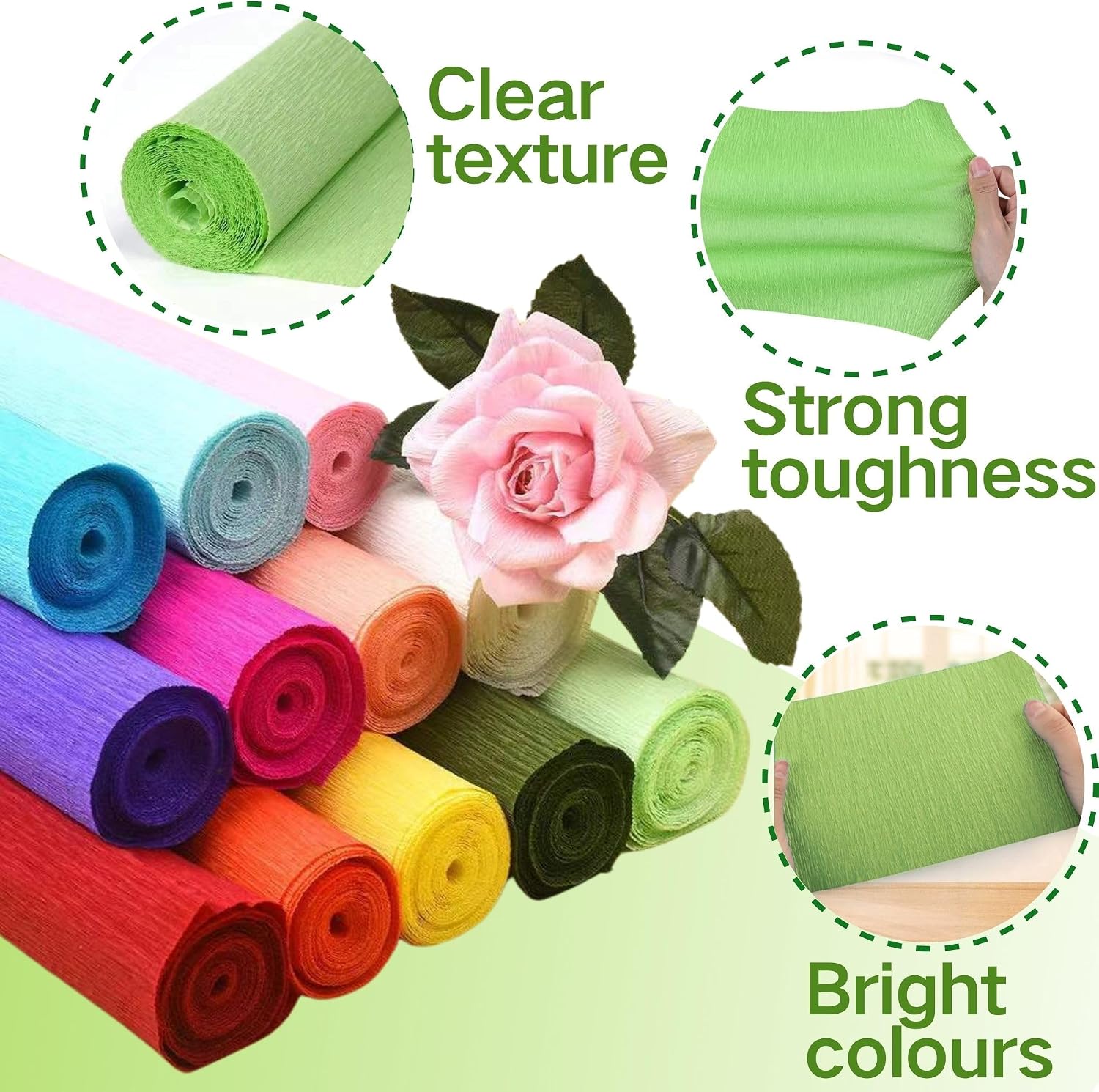Crepe Paper Set of 6 Colourful, 6 Rolls 25 x 200 cm Crepe Paper Gradient Green with 15 Floral Wire, Florist Tape, Double-Sided Tape, Ruler, Sewing Thread, Crepe Paper Flowers Crafts (Green Series)