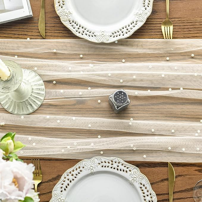 Artoid Mode 6PCS Pearl Beige Gauze Table Runner 120 Inch 10FT, Seasonal Sheer Dining Holiday Wedding Birthday Baby Shower Table Decor for Home Party