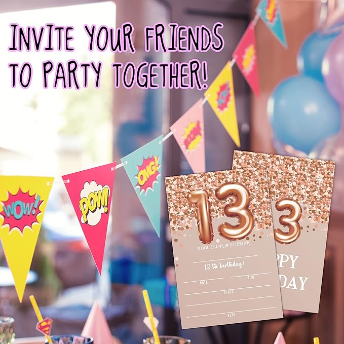 13th Birthday Invitation Cards, Rose Gold Glitter 13th Birthday Party Invites, Kids Happy Birthday Party Decorations Supplies, 20 Fill-in Cards with Envelopes for Boys or Girls Party Celebration - C05