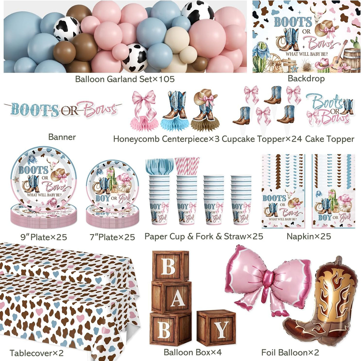 boots or bows gender reveal decorations set for, close-up detail