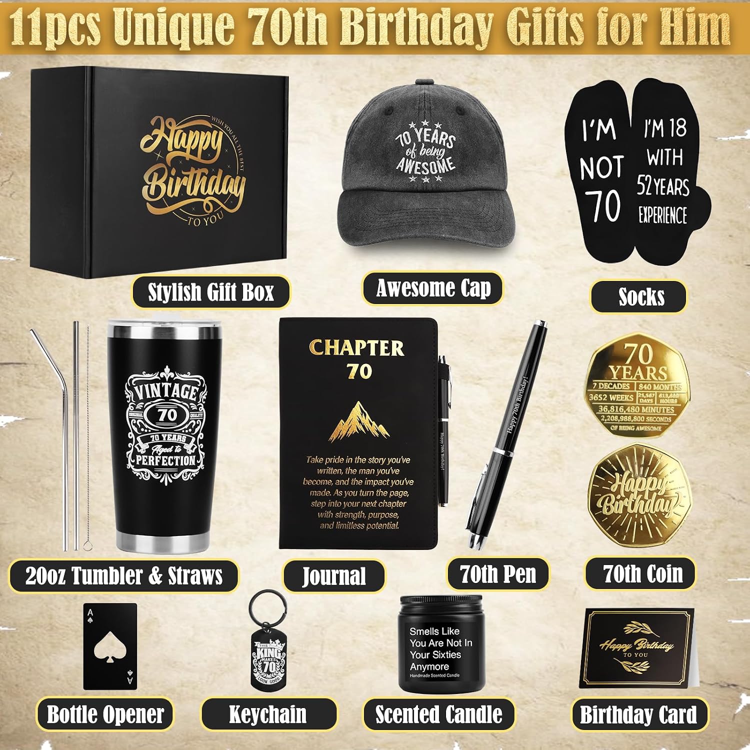70th Birthday Gifts for Men - Unique Comprehensive Black & Gold Gift Box for Husband, Dad, Grandpa, Friends, Him