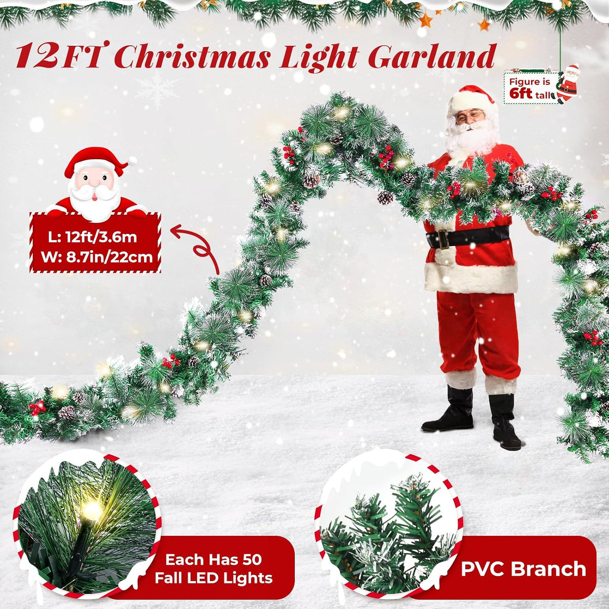 blessedseason 12ft christmas garland with lights, artificial lighted, close-up detail