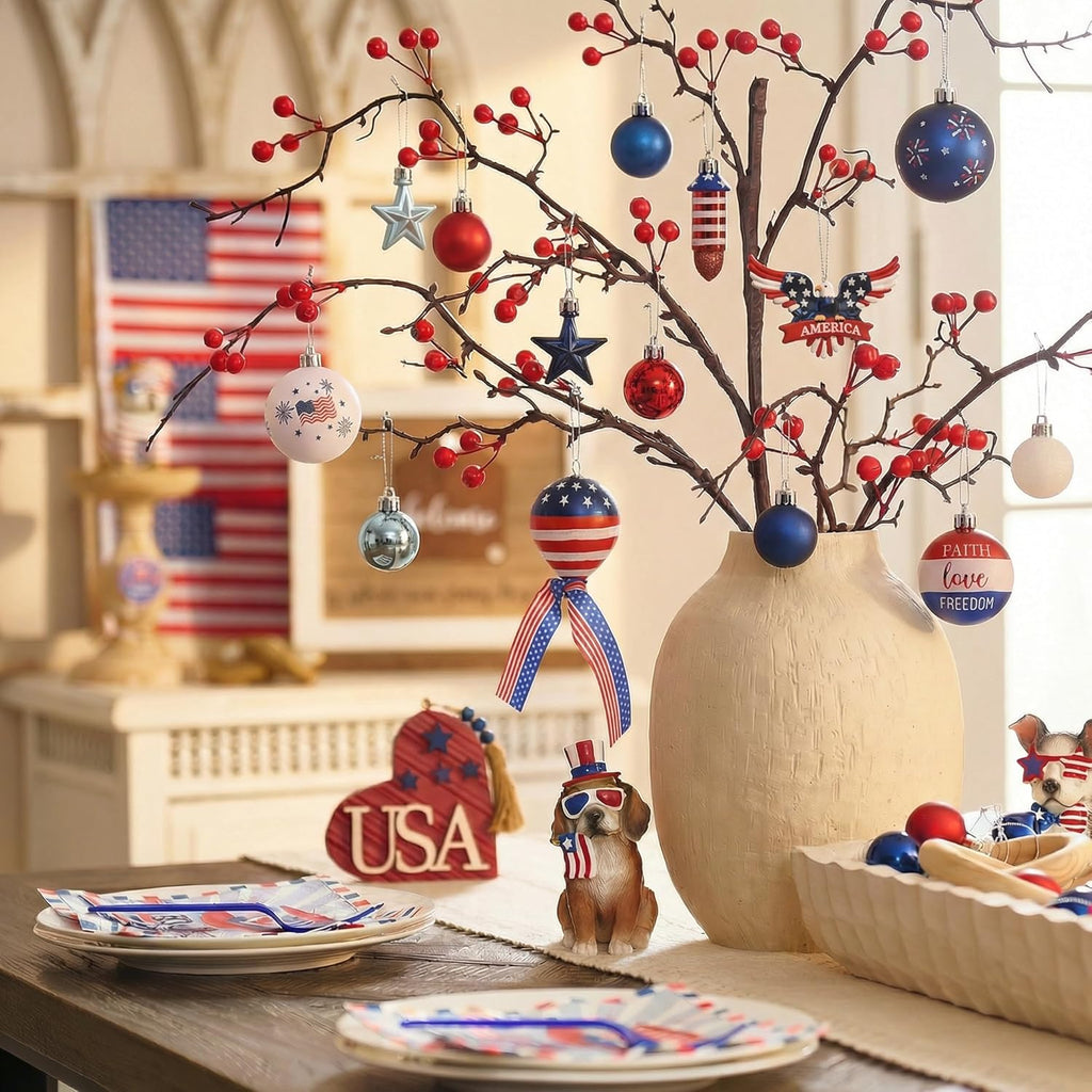 Valery Madelyn 4th of July Tree Decorations for Patriotic Memorial Day Eagle Ornaments, 35Pcs Red White Blue Shatterproof Americana Hanging Ball Decor for Independence Day USA 250th Anniversary
