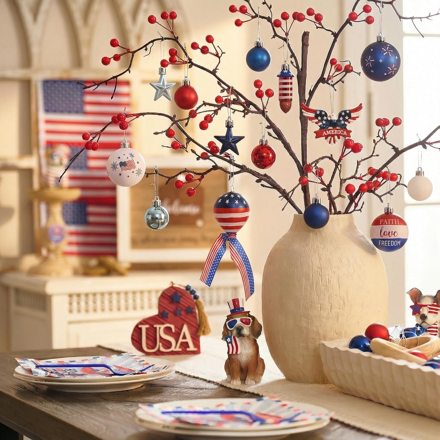 Valery Madelyn 4th of July Tree Decorations for Patriotic Memorial Day Eagle Ornaments, 35Pcs Red White Blue Shatterproof Americana Hanging Ball Decor for Independence Day USA 250th Anniversary
