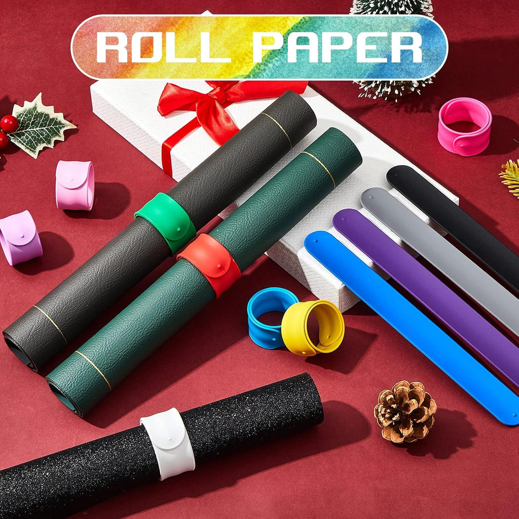 Leyndo 12 Pcs Wrapping Paper Roll Holder Clips Silicone Snap Bands Covered Metal Strips Flip 1 x 9 in Vinyl Roll Poster Holder for Christmas Wedding Graduation Gift Wrapping (Multi Colors)