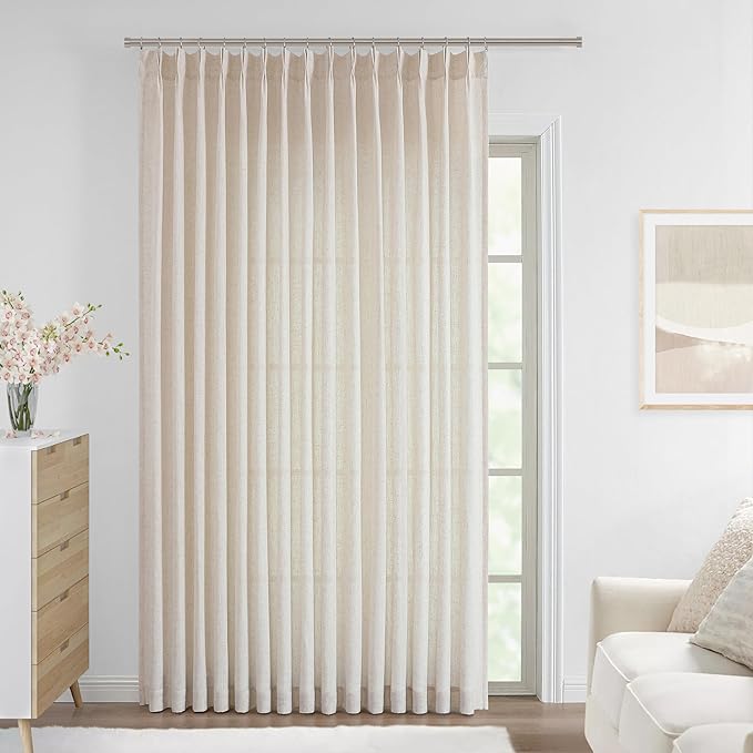 Vision Home Natural Pinch Pleated Semi Sheer Curtains Textured Linen Blended Light Filtering Window Curtains 90 inch for Living Room Bedroom Patio Pinch Pleat Drapes with Hooks 1 Panel 84" Wx90 L