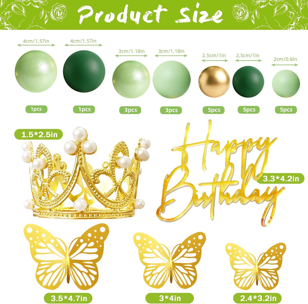 Green Gold Balls Cake Toppers Happy Birthday Crown Tiara Cake Topper Princess Purple Cake Decorations (Green)