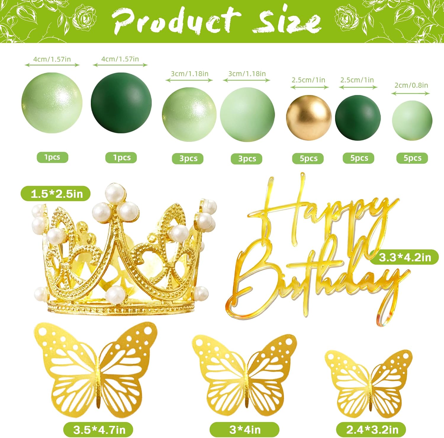 Green Gold Balls Cake Toppers Happy Birthday Crown Tiara Cake Topper Princess Purple Cake Decorations (Green)