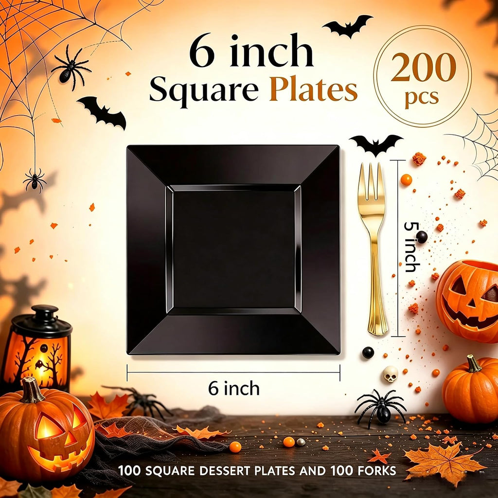 supernal 200pcs black square plastic dessert cake plates shown in use