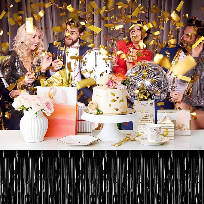 3 Pack 29 x108 Inch Black Foil Fringe Table Skirts Metallic Banner for Tinsel Streamer Garland Backdrop for Parade Floats Mother's Day, Graduate, Birthday, Wedding Party Decoration
