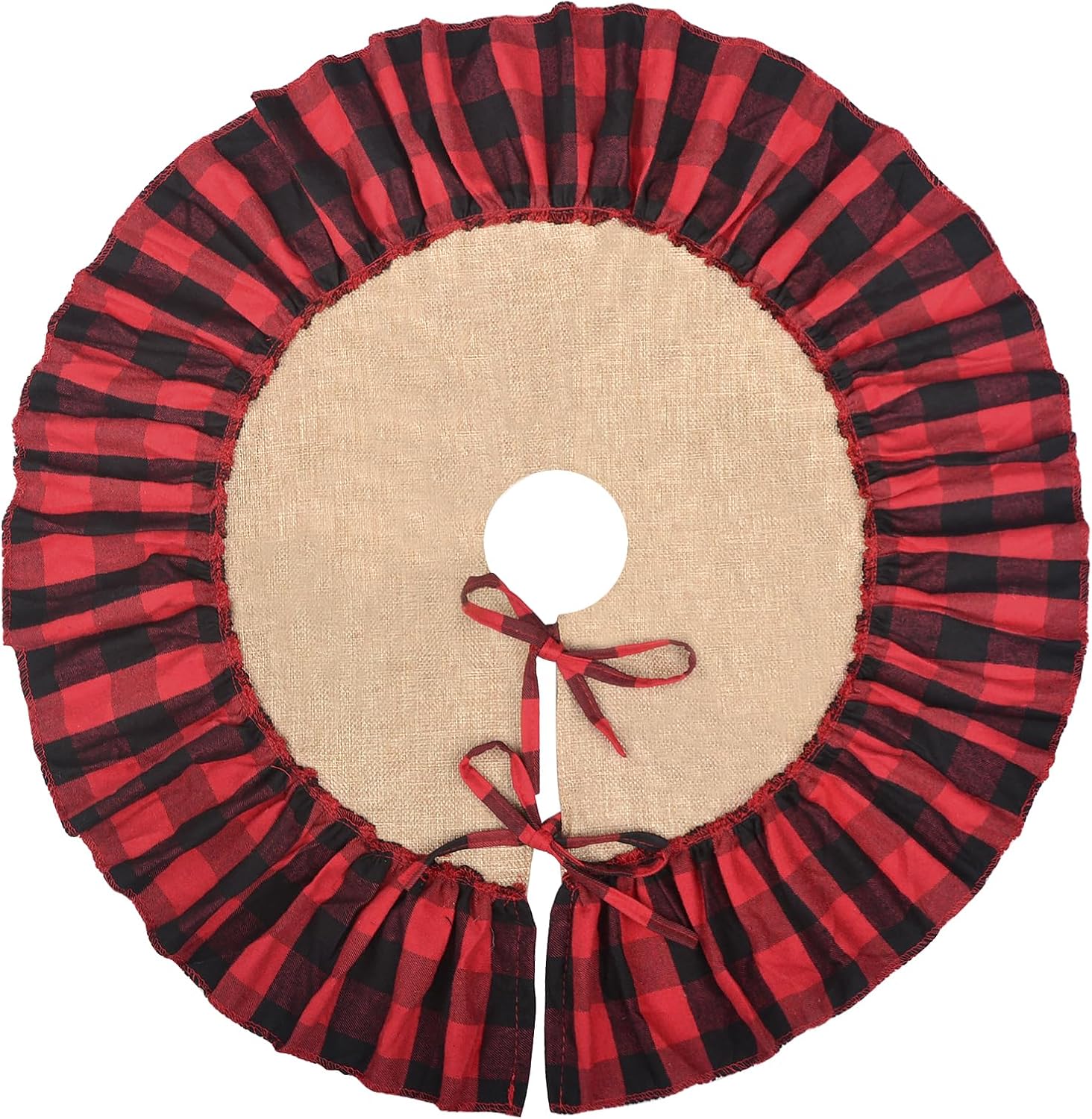Mini Buffalo Plaid Burlap Tree Skirt with Red and Black Ruffle, 24 inch Small Red Black Gingham Chrismtas Tree Skirt, Rustic Farmhouse Christmas Tree Decorations for Tabletop Tree, Xmas Tree Mat