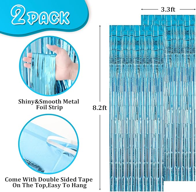 2 Pack 3.3x8.2 Feet Light Blue Foil Fringe Backdrop Curtains, Tinsel Streamers Birthday Party Decorations, Fringe Backdrop for Graduation, Baby Shower, Gender Reveal, Disco Party
