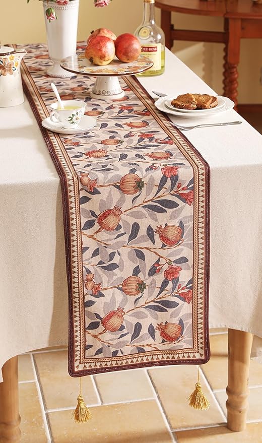patdrea Designer Vintage SaddleBrown Linen Table Runner 87 Inch Long, Pomegranates Pattern Table Mat, Decoration for Kitchen Dining Table Coffee Table Shelf Cabinet Banquet Christmas ,12"*87"