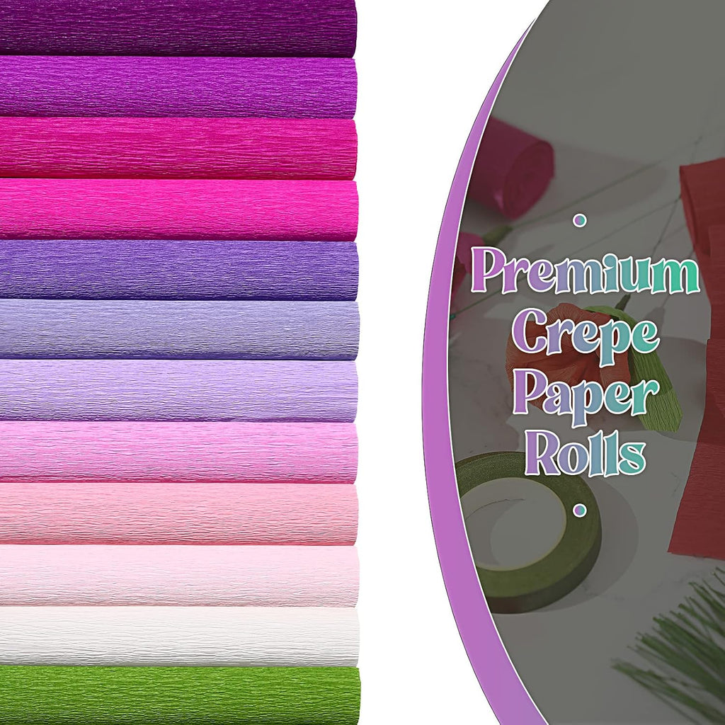 Leinuosen 65 Pcs Crepe Paper Flower DIY Kits 12 Rolls 10 x 98 Inch Crepe Paper Rolls Sheets 100 Floral Iron Wire 1 Wire Cutter 2 Tapes for Birthday Party Wedding Wreath Flower Making(Elegant Colors)