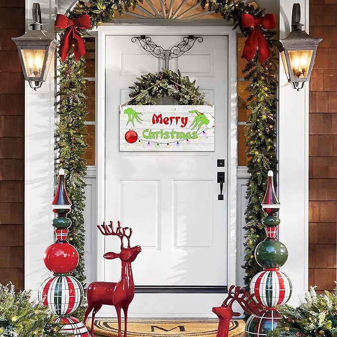 Merry Christmas Hanging Door Sign, Crazy Funny Green Festive Wooden Wall Welcome Decor Winter Farmhouse Style Outdoor Indoor Xmas Tree Ornaments for Home Office Holiday Party