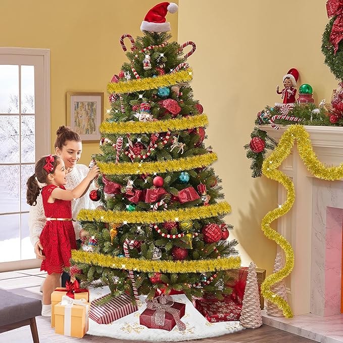 25 Feet Christmas Tinsel Garland, Metallic Twist Wall Hanging Tinsel Backdrop for Parade Floats, Carnival, Birthday, Wedding, New Year Party Decorations (Gold, 4in x 25ft)