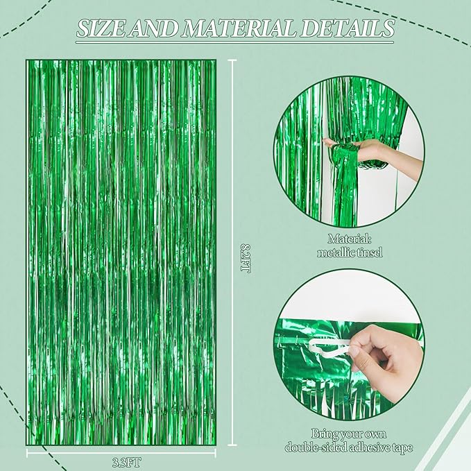 3 Pack Foil Fringe Backdrop - Green Shiny Tinsel Curtains for Party Decoration/Photo Booth Props - 3.3x8.2 FT Metallic Foil Backdrop for Birthday, Wedding, Graduation, Christmas.